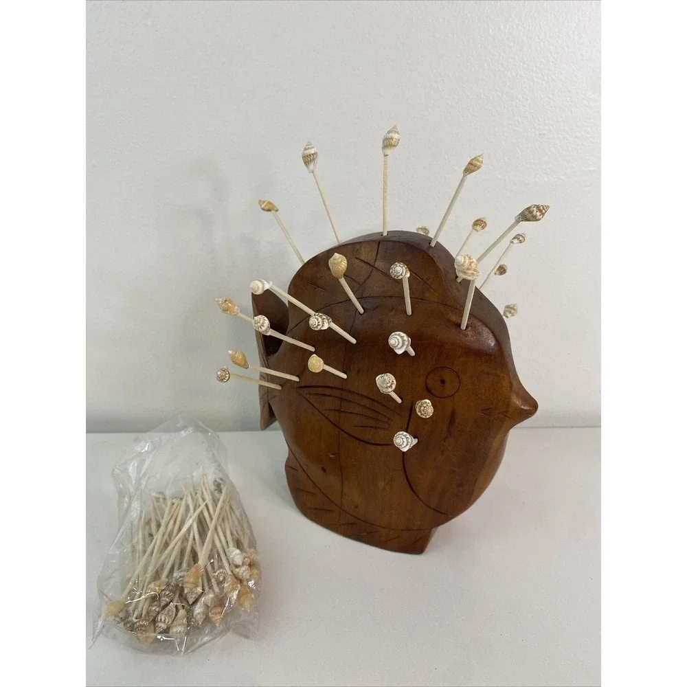 Large vintage wooden fish toothpick holder party server